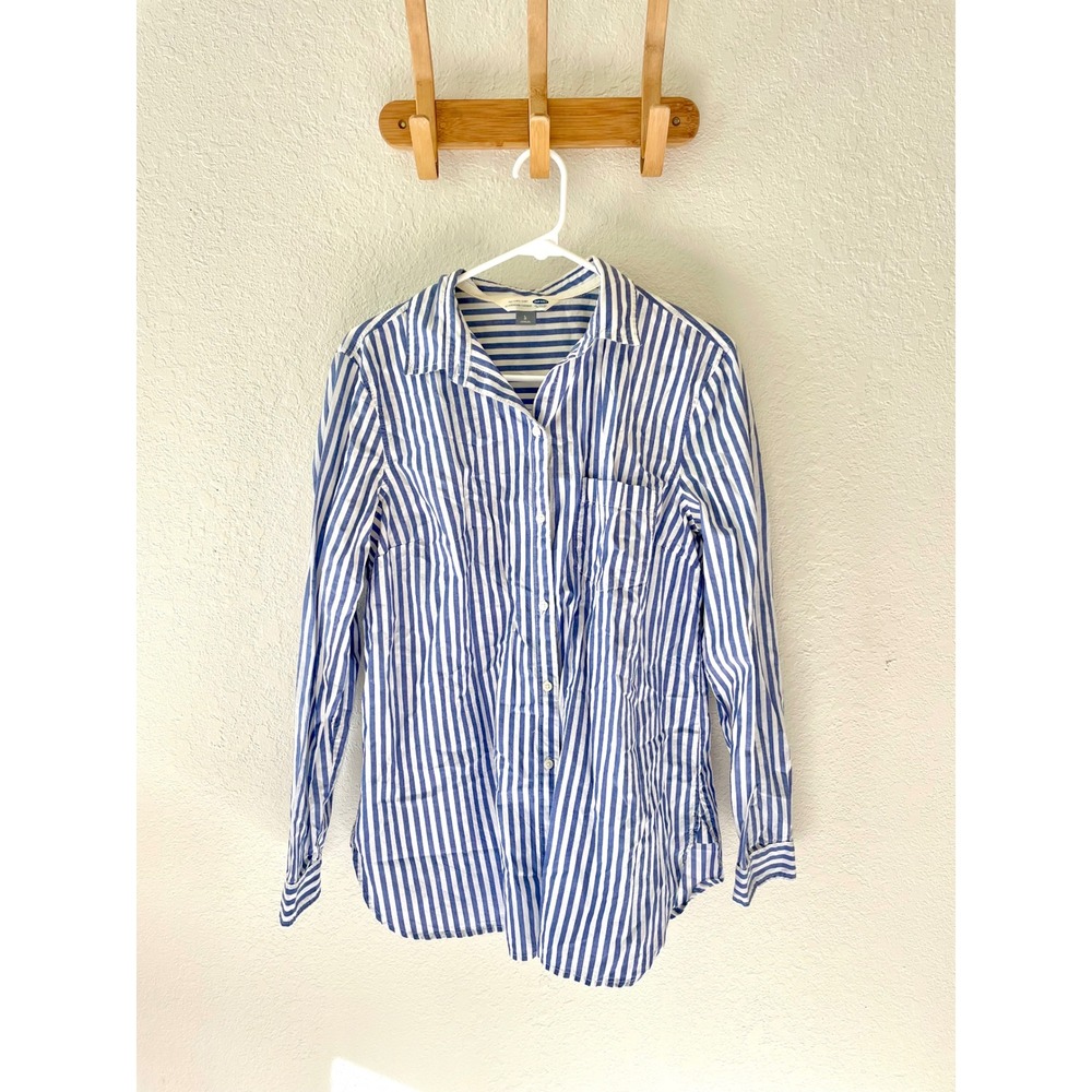 Old Navy Women's L Blue White Striped Long Sleeve Cotton Button Down Shirt